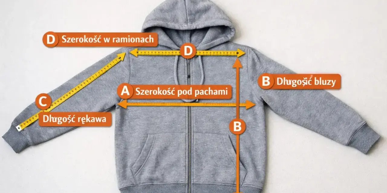 Szara bluza z kapturem, na której zaznaczono miary: szerokość pod pachami (A), długość bluzy (B), długość rękawa (C) i szerokość w ramionach (D).