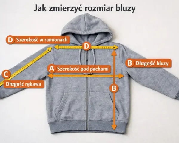 Szara bluza z kapturem, na której zaznaczono miary: szerokość pod pachami (A), długość bluzy (B), długość rękawa (C) i szerokość w ramionach (D).
