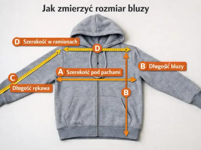 Szara bluza z kapturem, na której zaznaczono miary: szerokość pod pachami (A), długość bluzy (B), długość rękawa (C) i szerokość w ramionach (D).