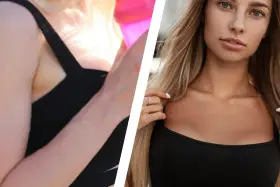 Kobieta w czarnym topie z dekoltem w serek, z blond włosami i delikatnym makijażem.