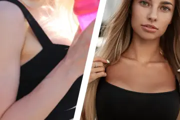 Kobieta w czarnym topie z dekoltem w serek, z blond włosami i delikatnym makijażem.