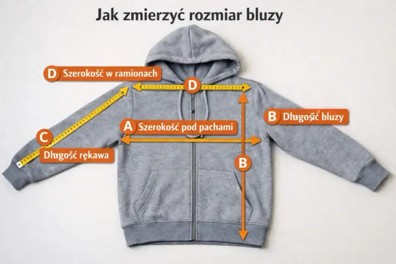 Szara bluza z kapturem, na której zaznaczono miary: szerokość pod pachami (A), długość bluzy (B), długość rękawa (C) i szerokość w ramionach (D).