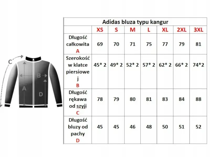 Tabela rozmiarów bluzy Adidas. XXL jaki to rozmiar? Sprawdź wymiary: długość całkowita 81 cm, szerokość w klatce 74*2 cm, długość rękawa 88 cm, długość bluzy od pachy 52 cm.